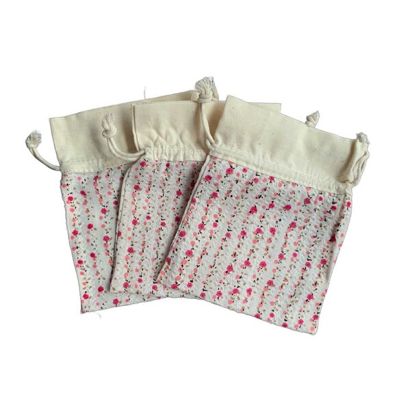 12 Pink Floral Flower Patterned Cotton Fabric Gift Jewelry Bags Drawstring Cord - Picture 2 of 8